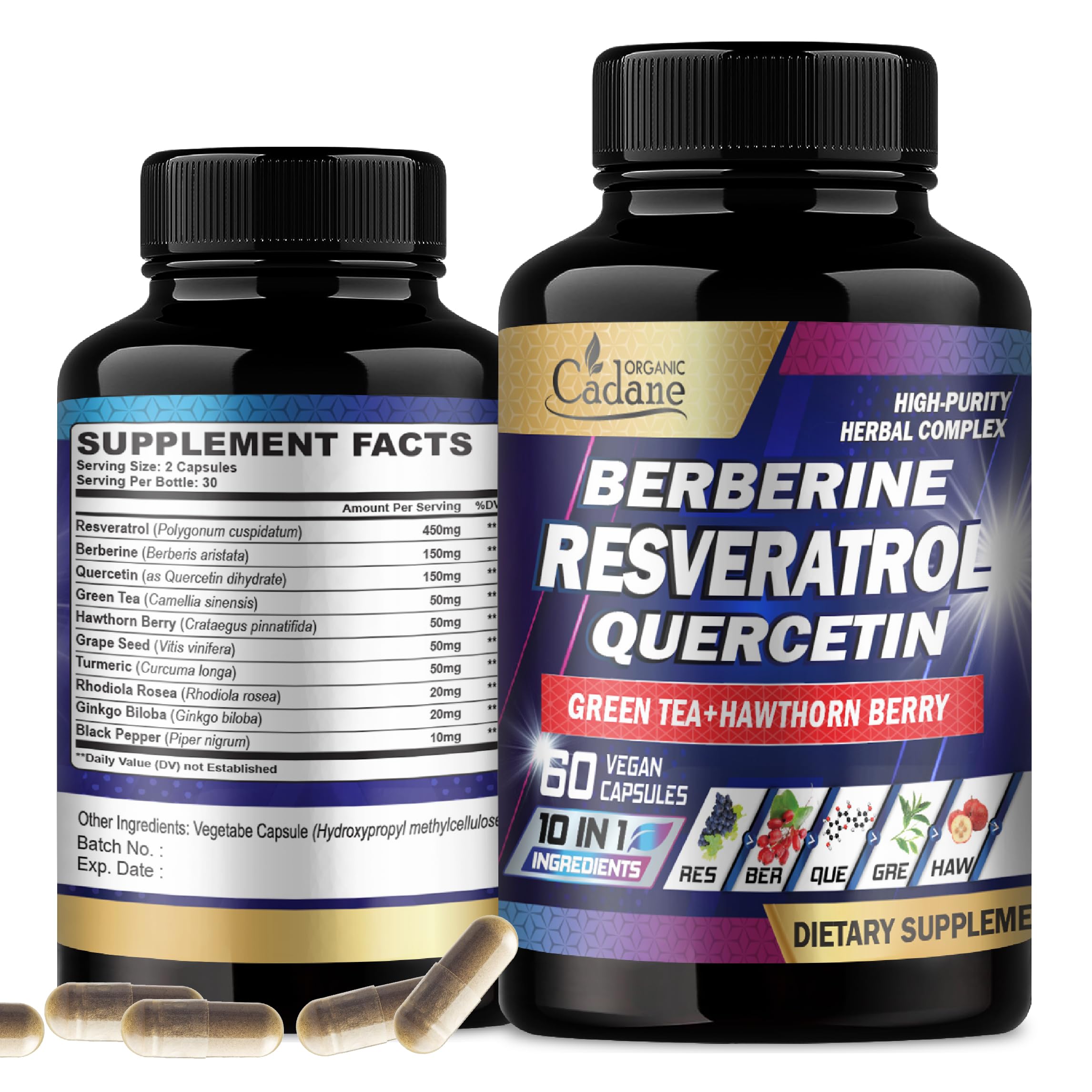 Organic Cadane resveratrol bottle close-up for daily wellness support.