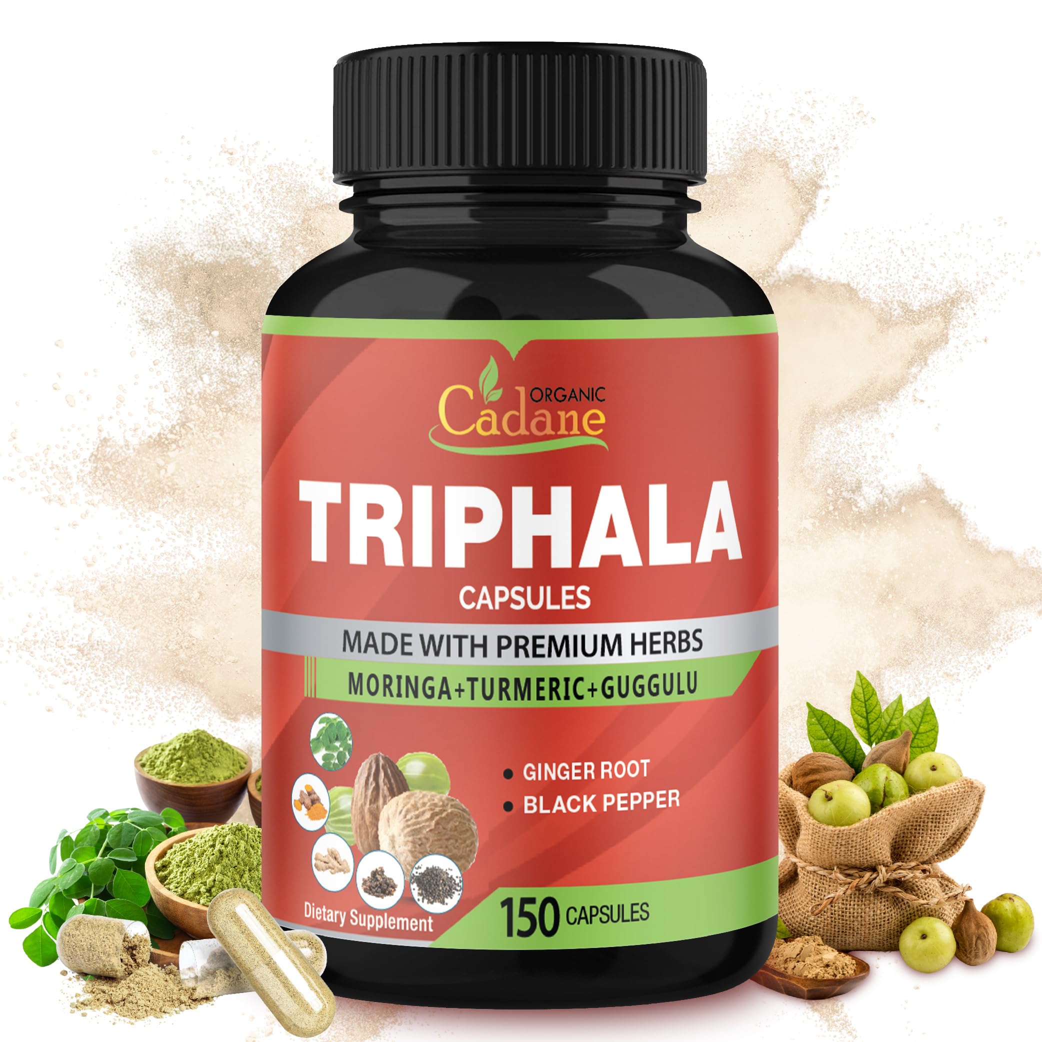 Organic Cadane Triphala capsules bottle, premium formula for digestion support.