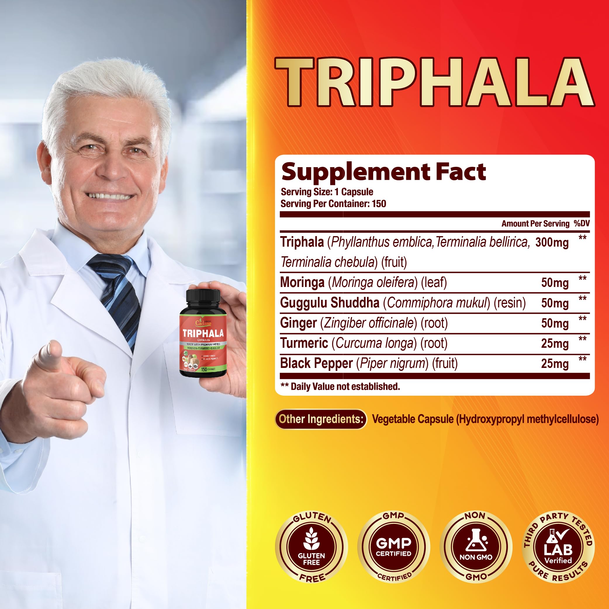 Close-up of Organic Cadane Triphala capsules reveals earthy herbal blend.