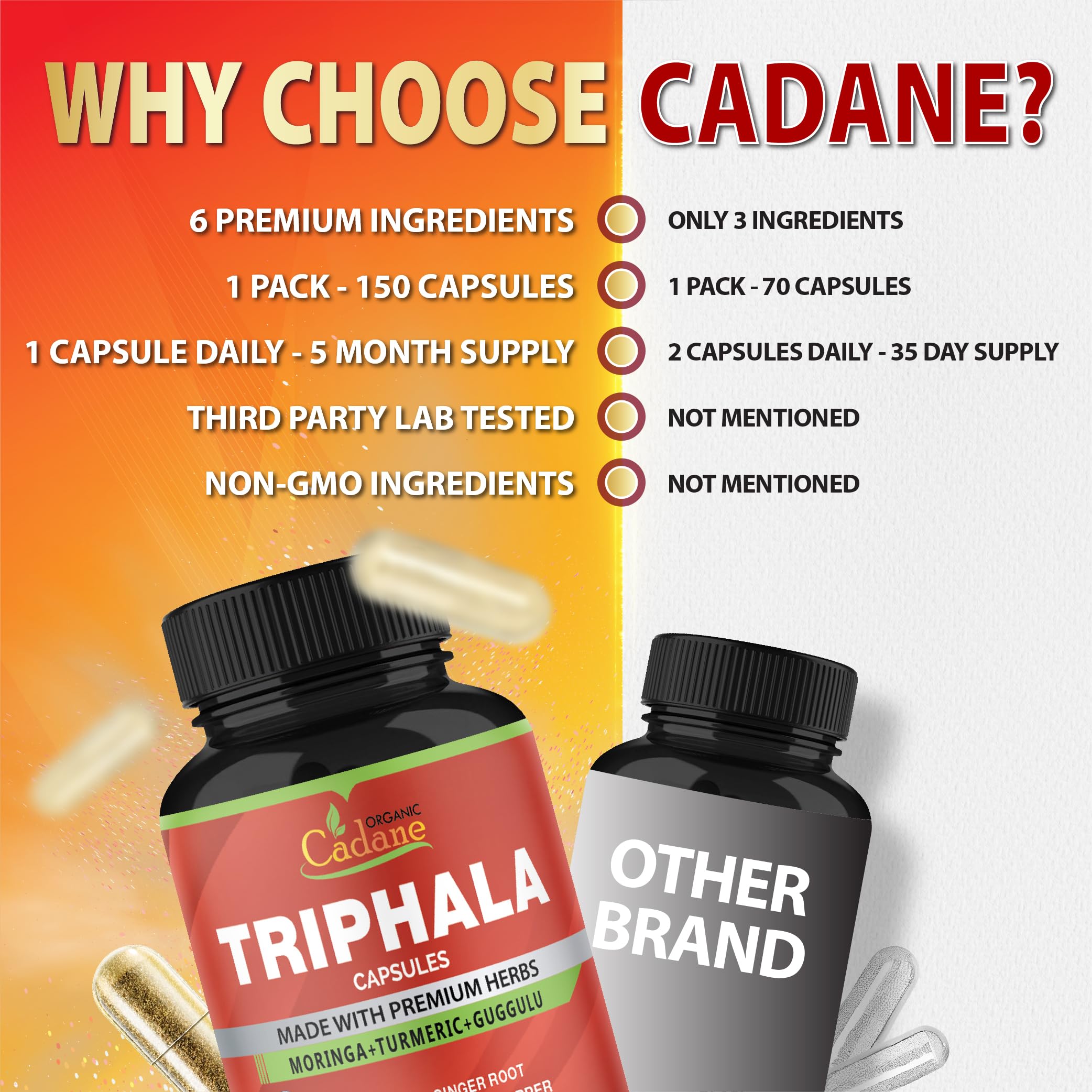 Hand holds Organic Cadane Triphala capsules, ready for daily use.