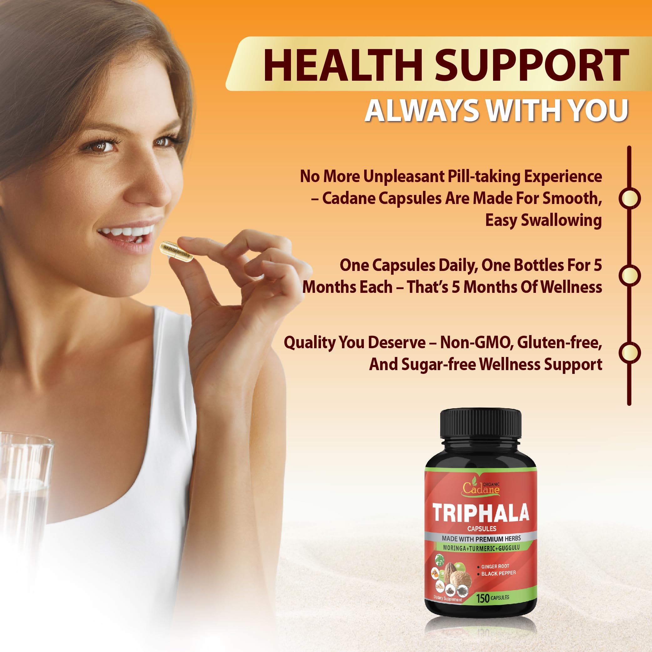 Organic Cadane Triphala capsules resting on a clean desk setup.