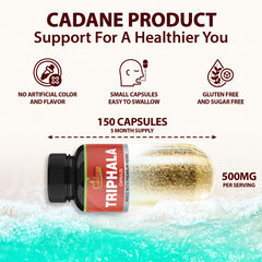 Organic Cadane Triphala packaging shows clear labels and quality assurances.