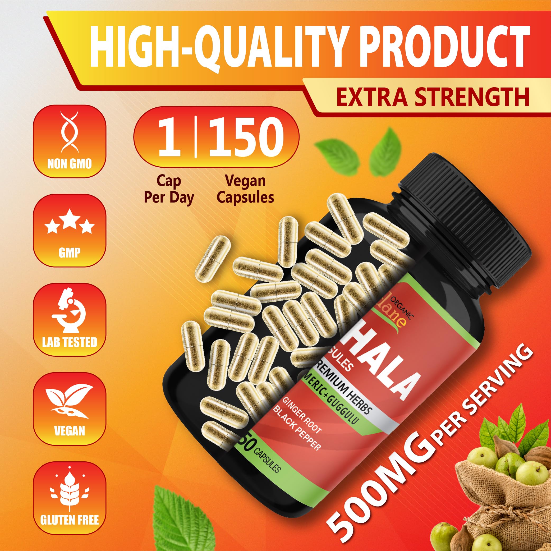 Travel-friendly Organic Cadane Triphala bottle for on-the-go wellness.