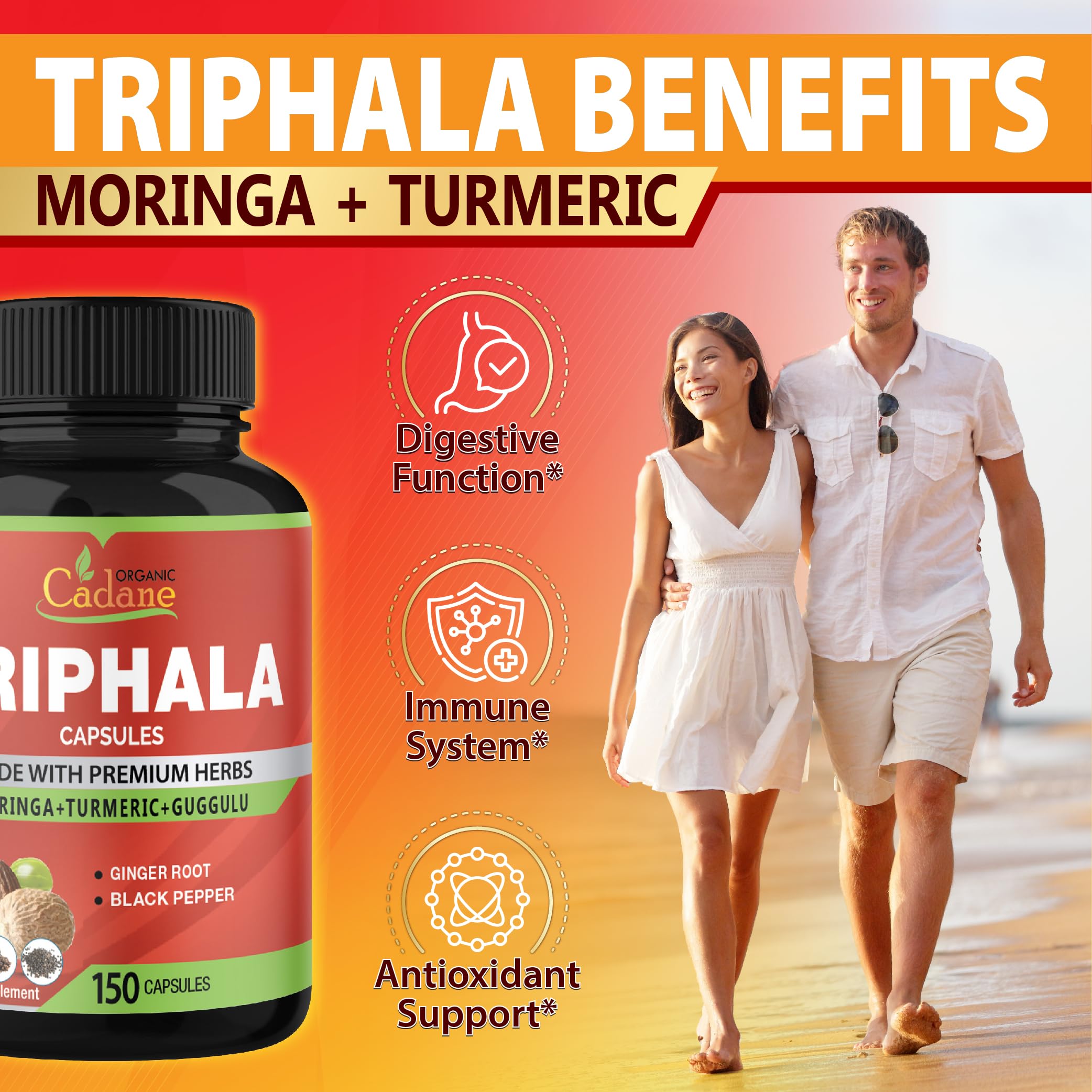 Ingredients highlight: Organic Moringa, Turmeric, Ginger in Cadane capsules.