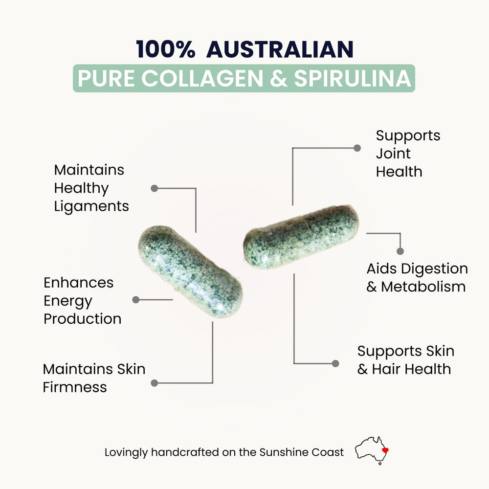Brand label detail Organic Collagen Australia bottle emphasizing grass-fed collagen.