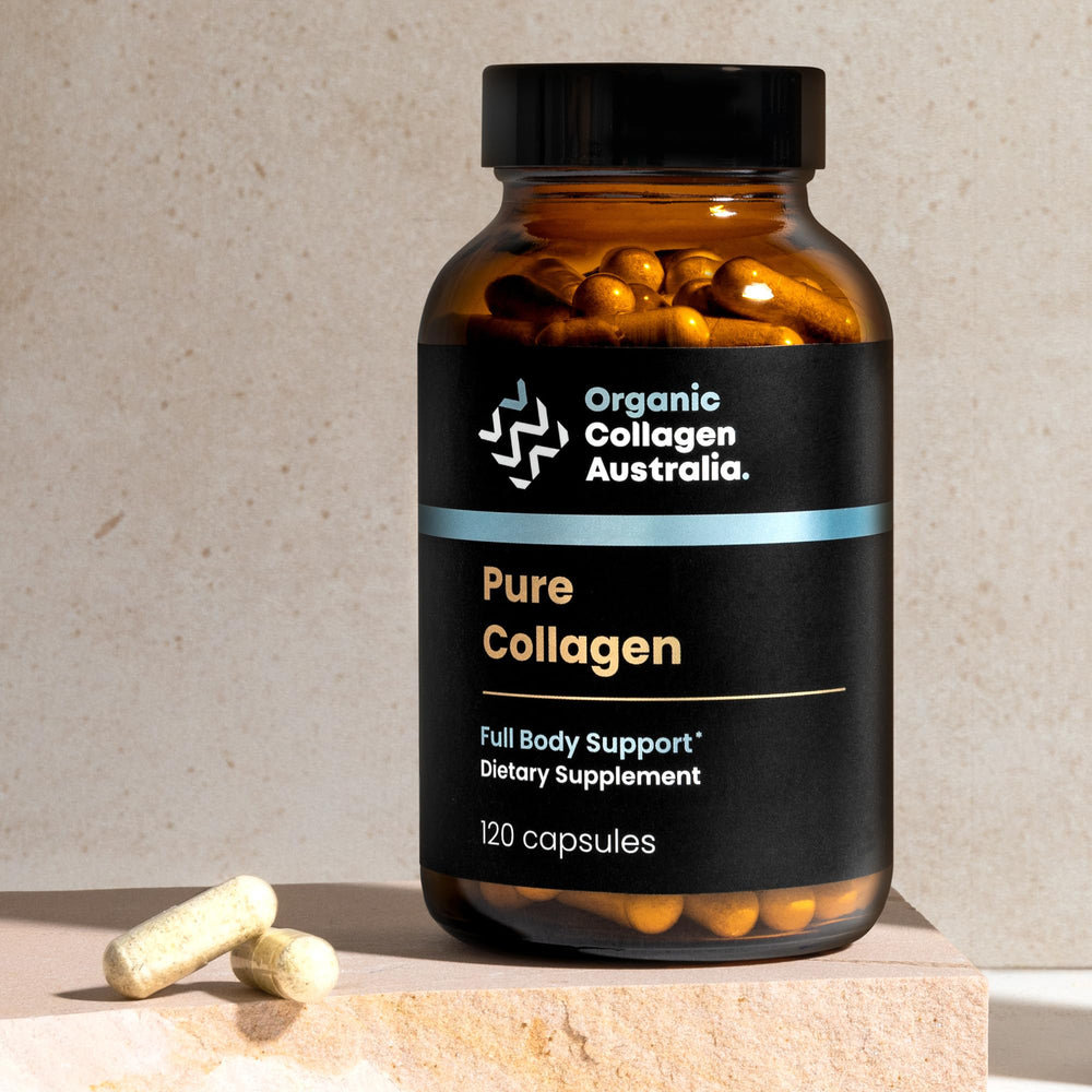 Capsules being poured, illustrating easy daily use with Organic Collagen Australia.