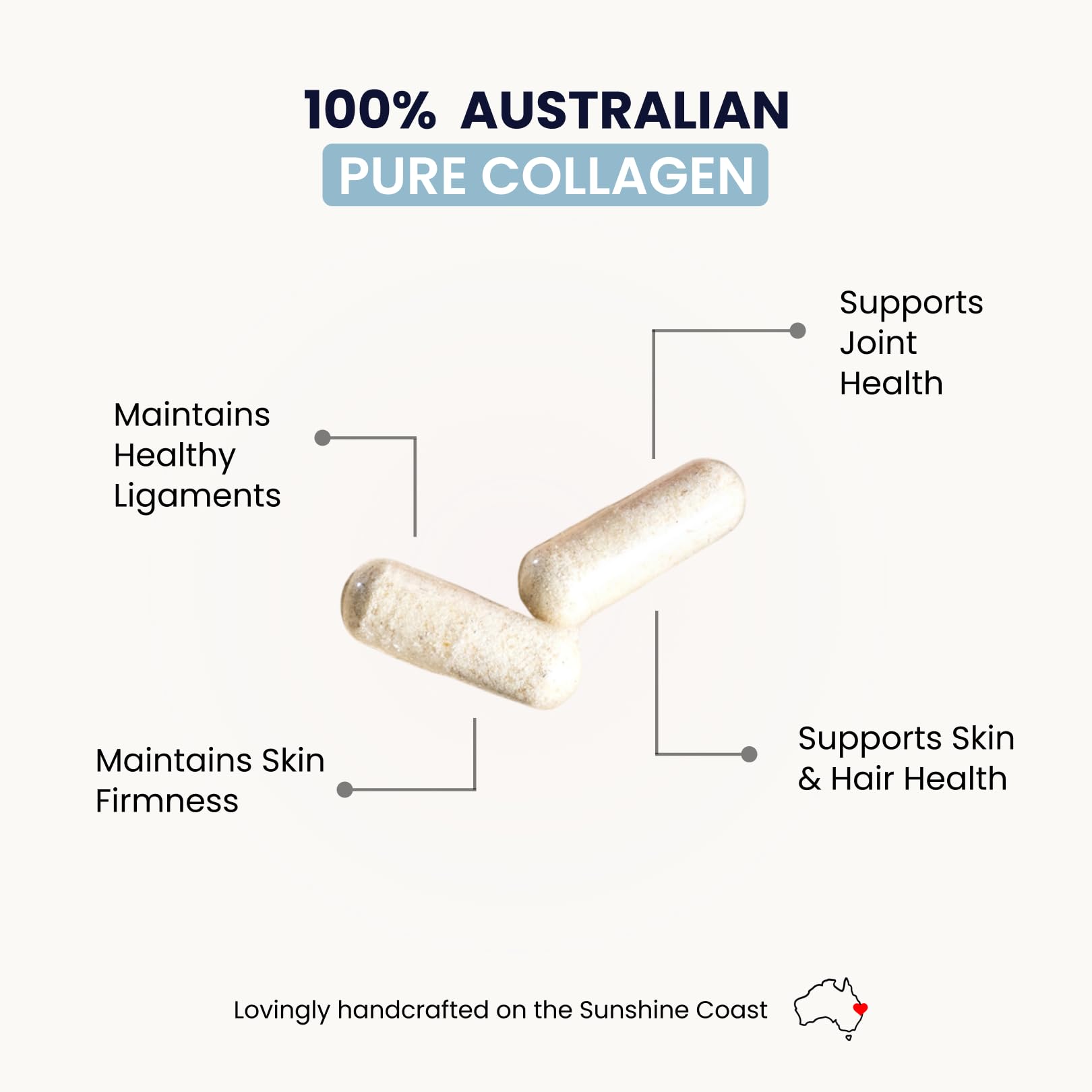 Close-up of Organic Collagen Australia capsules for hair, nails, and skin vitality.
