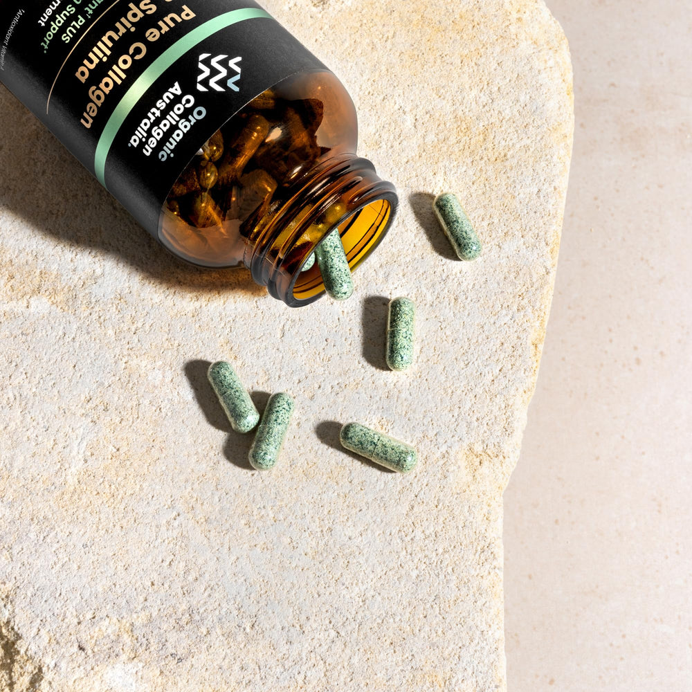 Morning routine scene with Organic Collagen Australia capsules supporting energy.