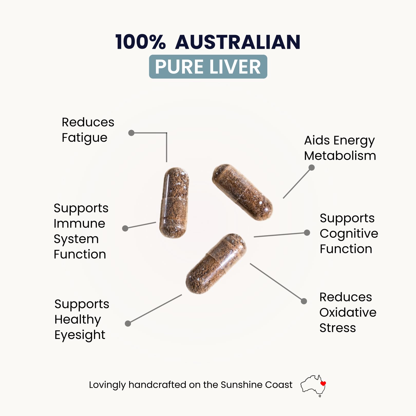 Organic Collagen Australia Pure Liver Capsules capsules close-up highlighting texture and quality.