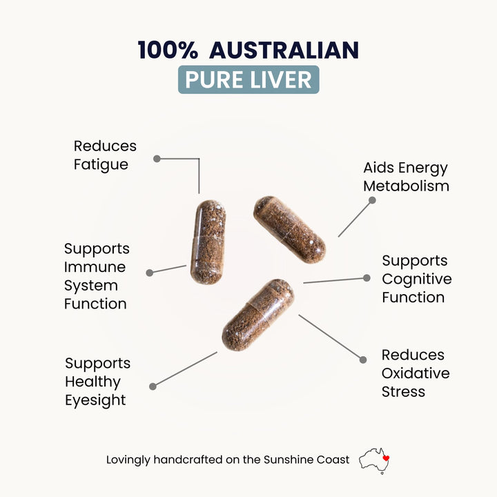 Organic Collagen Australia Pure Liver Capsules capsules close-up highlighting texture and quality.