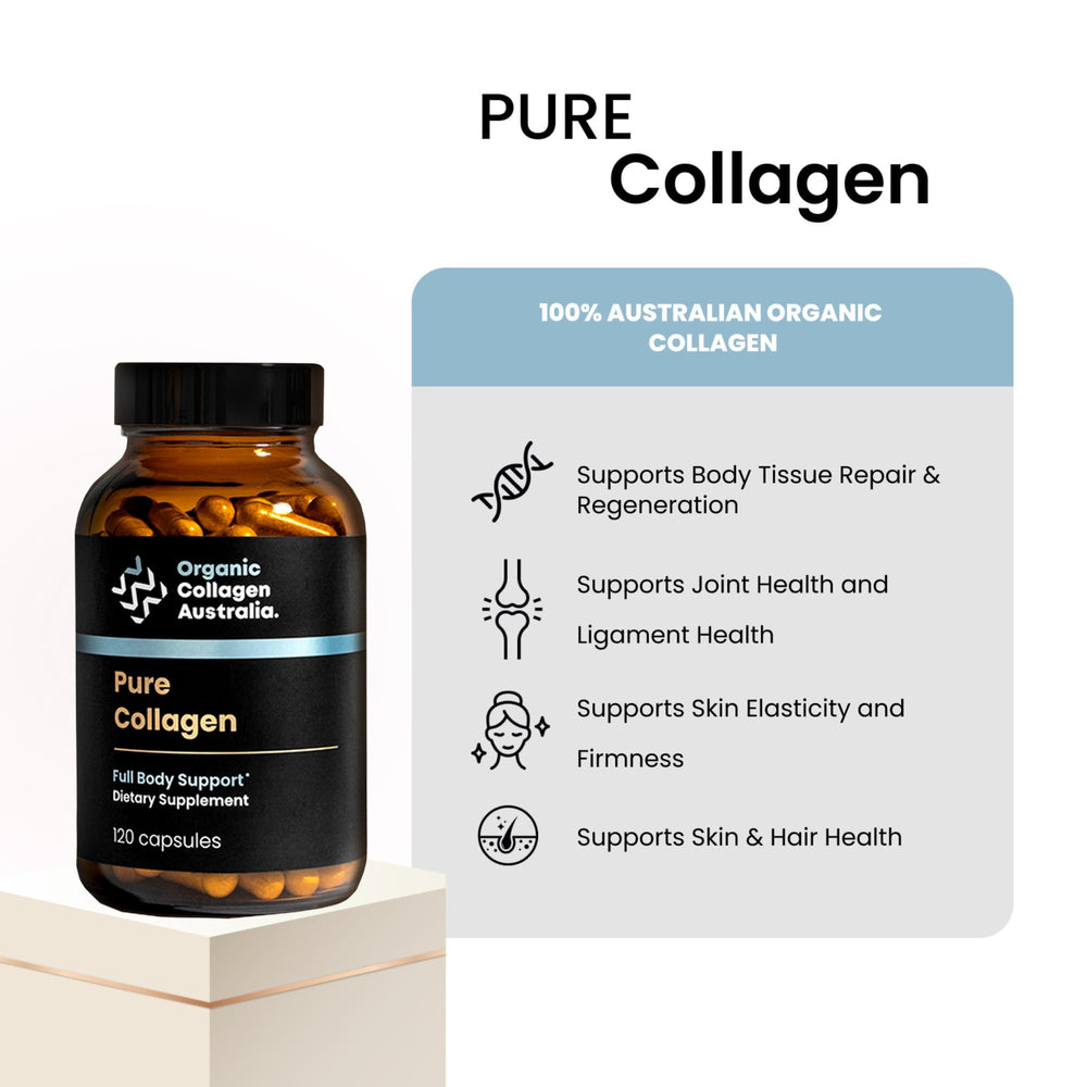 Organic Collagen Australia capsules promoting skin elasticity and radiant hair health.