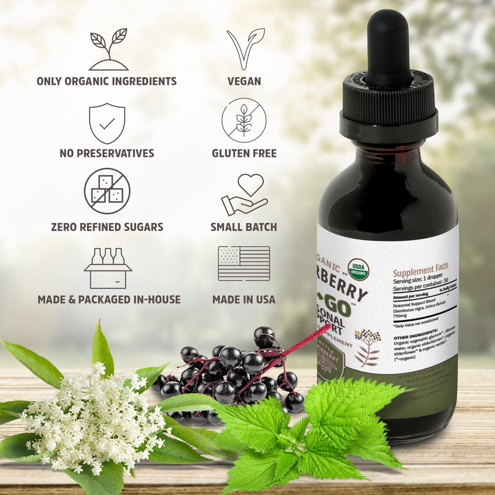 Organic elderberry tincture ingredients in the bottle