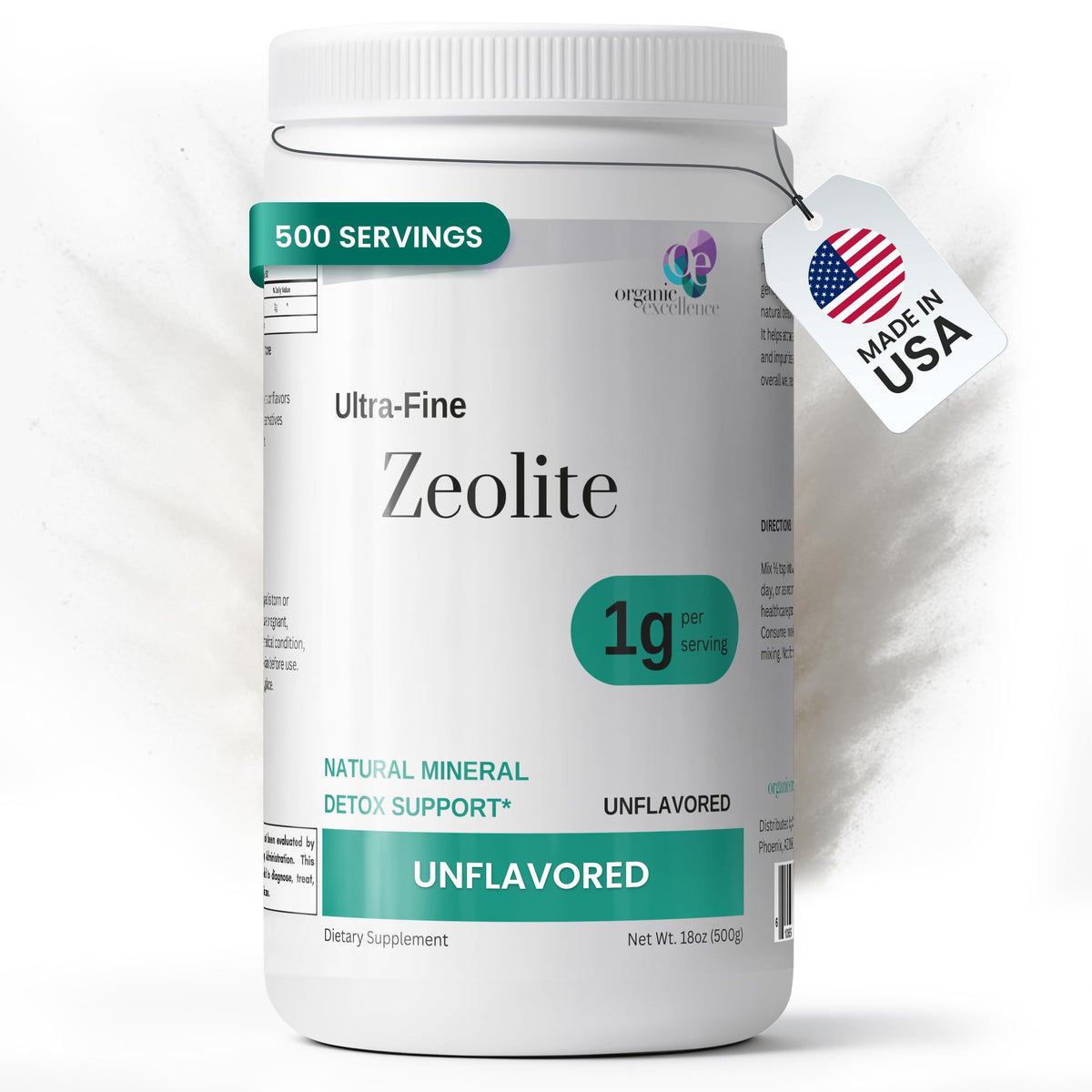 Organic Excellence Zeolite Clinoptilolite powder bottle shows pure mineral for daily gut health.
