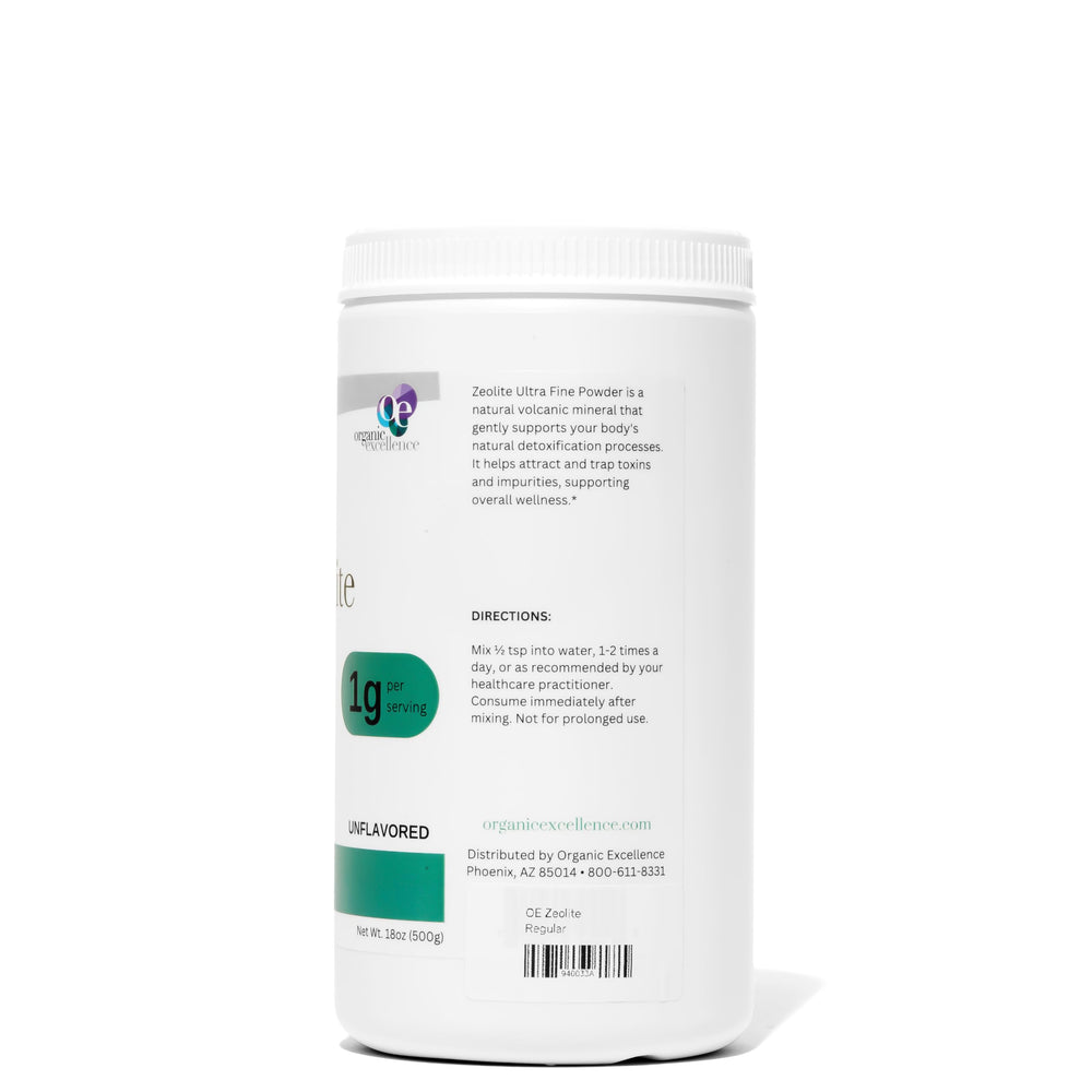 Organic Excellence Zeolite Clinoptilolite powder canister on shelf showcasing bulk option.