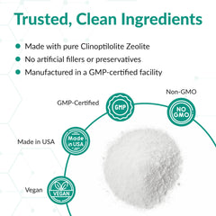 Organic Excellence Zeolite Clinoptilolite powder jar closeup highlighting purity.