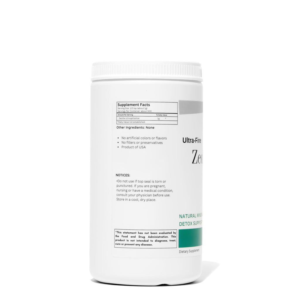 Organic Excellence Zeolite Clinoptilolite powder USA-made packaging visible on label.