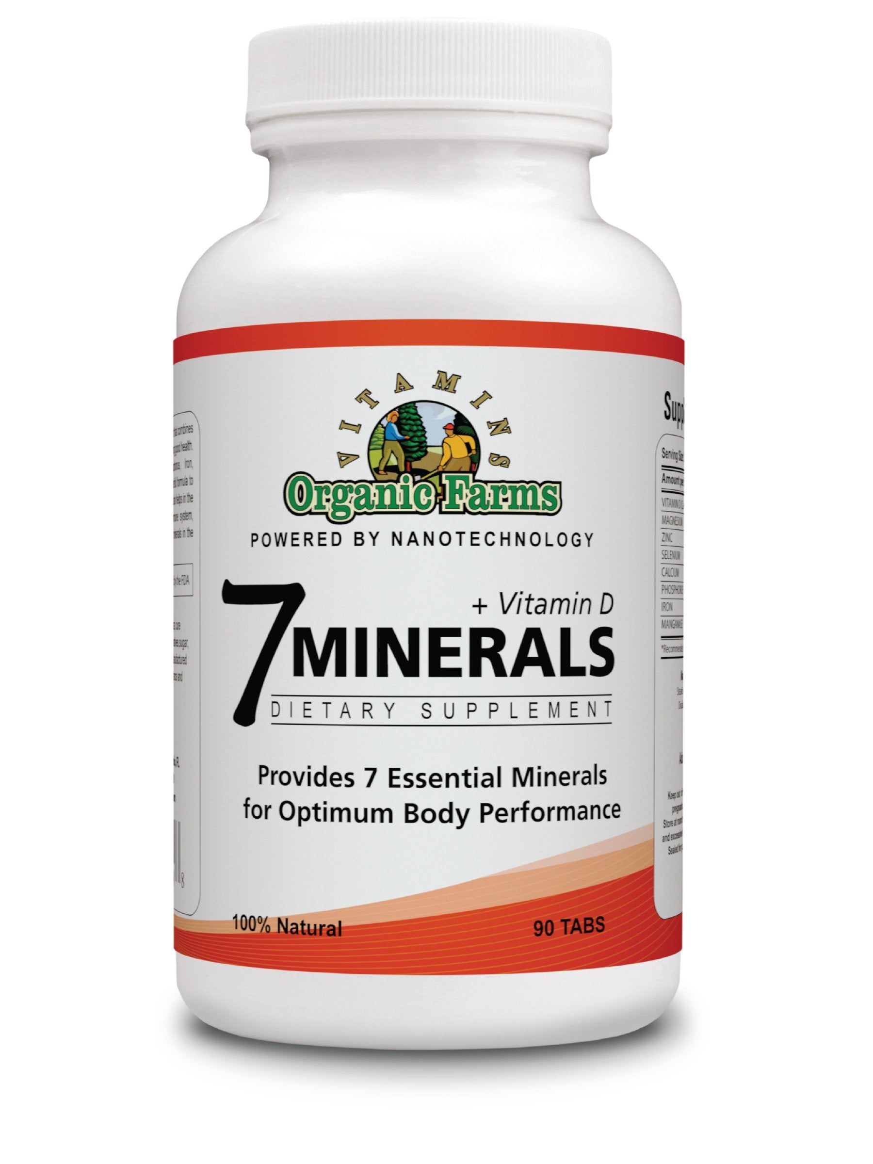 Organic Farms Vitamins 7 Minerals with Vitamin D bottle supports bone health and mineral balance.