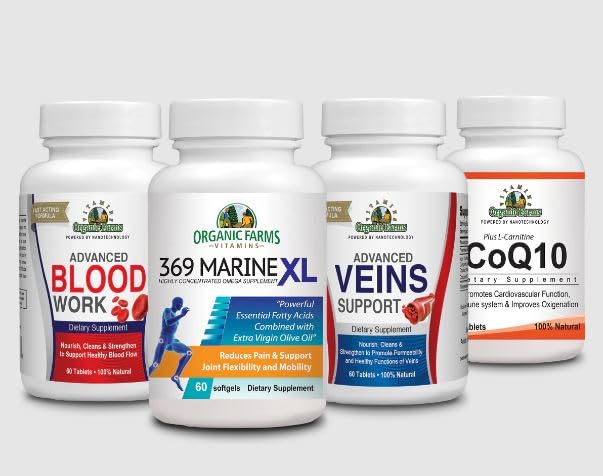 Organic Farms Vitamins Circulation Kit bottle featuring Blood, Co-Q10, 369 Marine XL, and Veins for circulatory support.