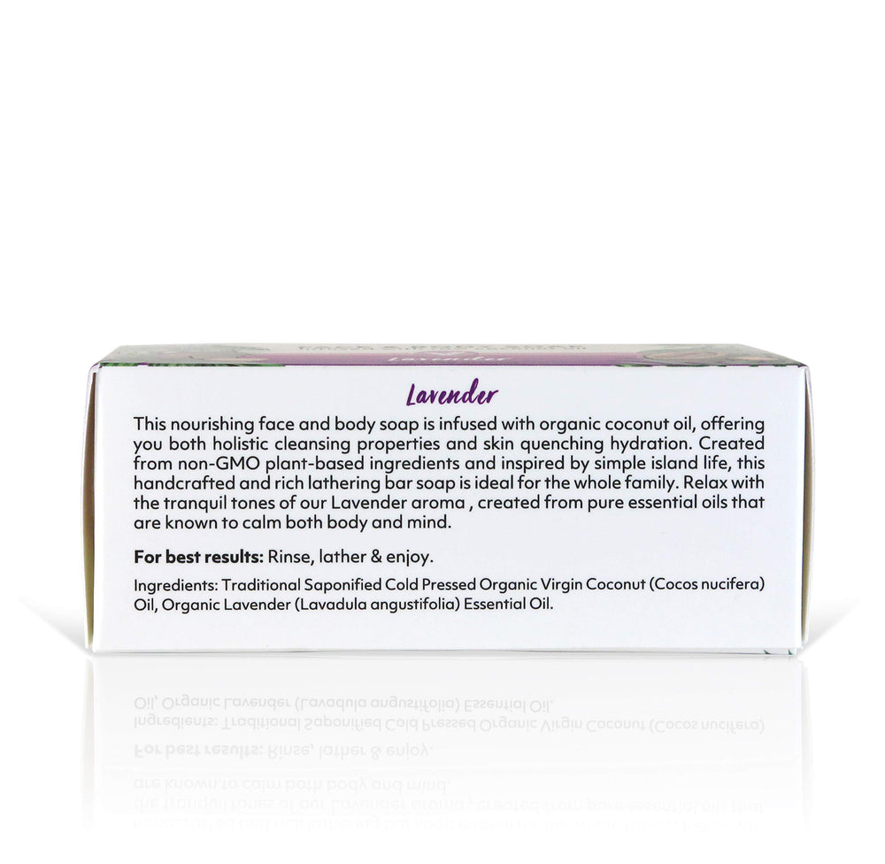 Coco Fiji soap bar lathers richly for body cleansing with lavender aroma.
