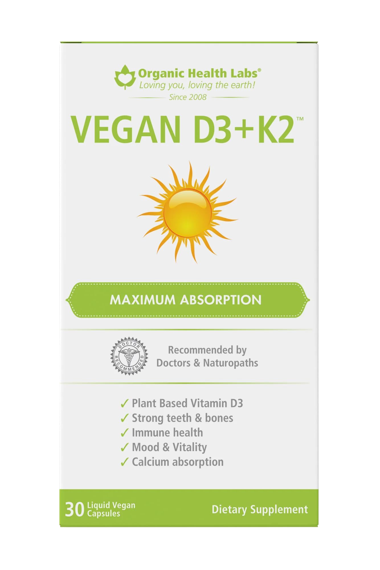 Organic Health Labs Vegan D3 K2-30 Veg Caps bottle for plant-based D3 and K2 in a convenient capsule