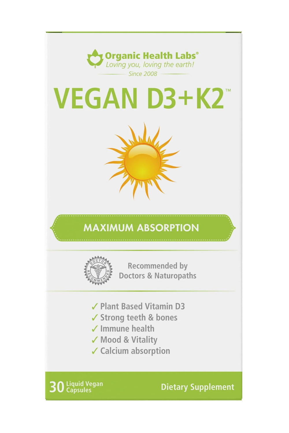 Organic Health Labs Vegan D3 K2-30 Veg Caps bottle for plant-based D3 and K2 in a convenient capsule