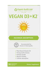 Organic Health Labs Vegan D3 K2-30 Veg Caps bottle for plant-based D3 and K2 in a convenient capsule