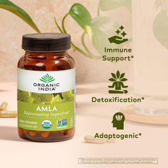 Organic India Amalaki bottle back shows ingredients and daily dosage for wellness.