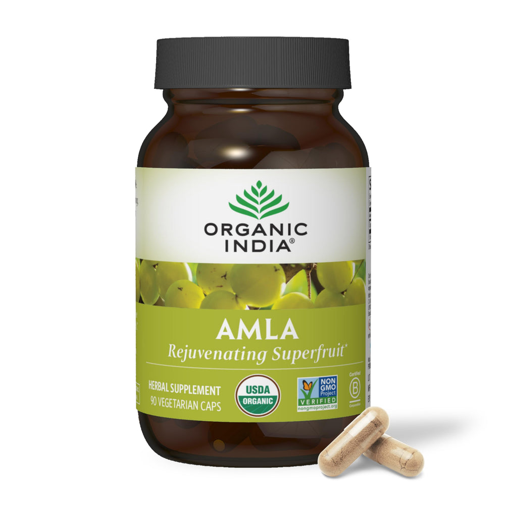 Organic India Amalaki bottle front with capsules, supporting immune health and antioxidant intake.