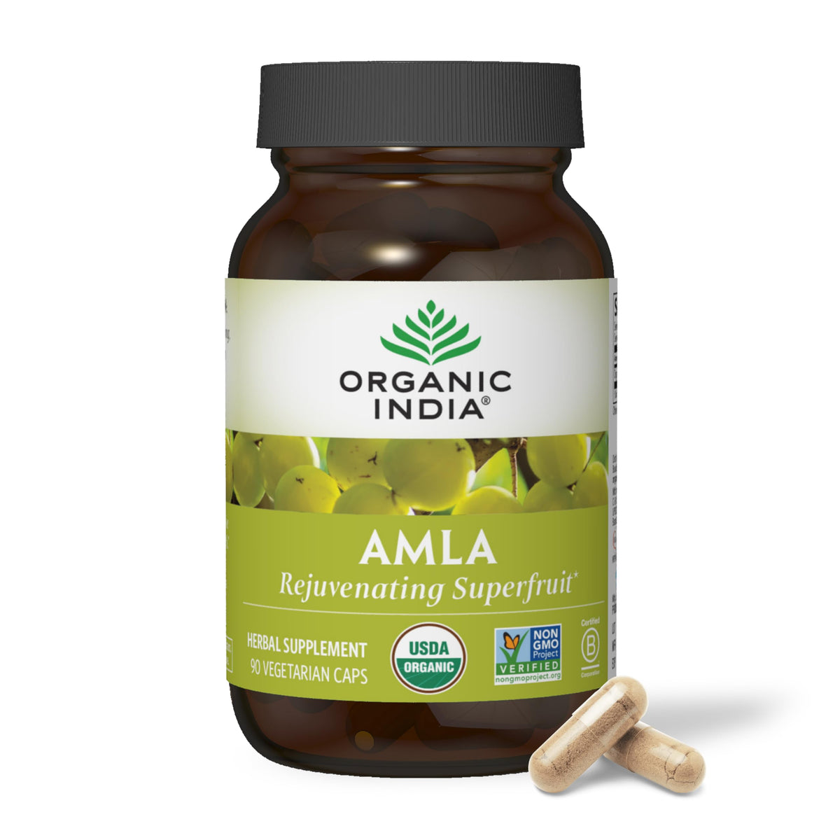 Organic India Amalaki bottle front with capsules, supporting immune health and antioxidant intake.