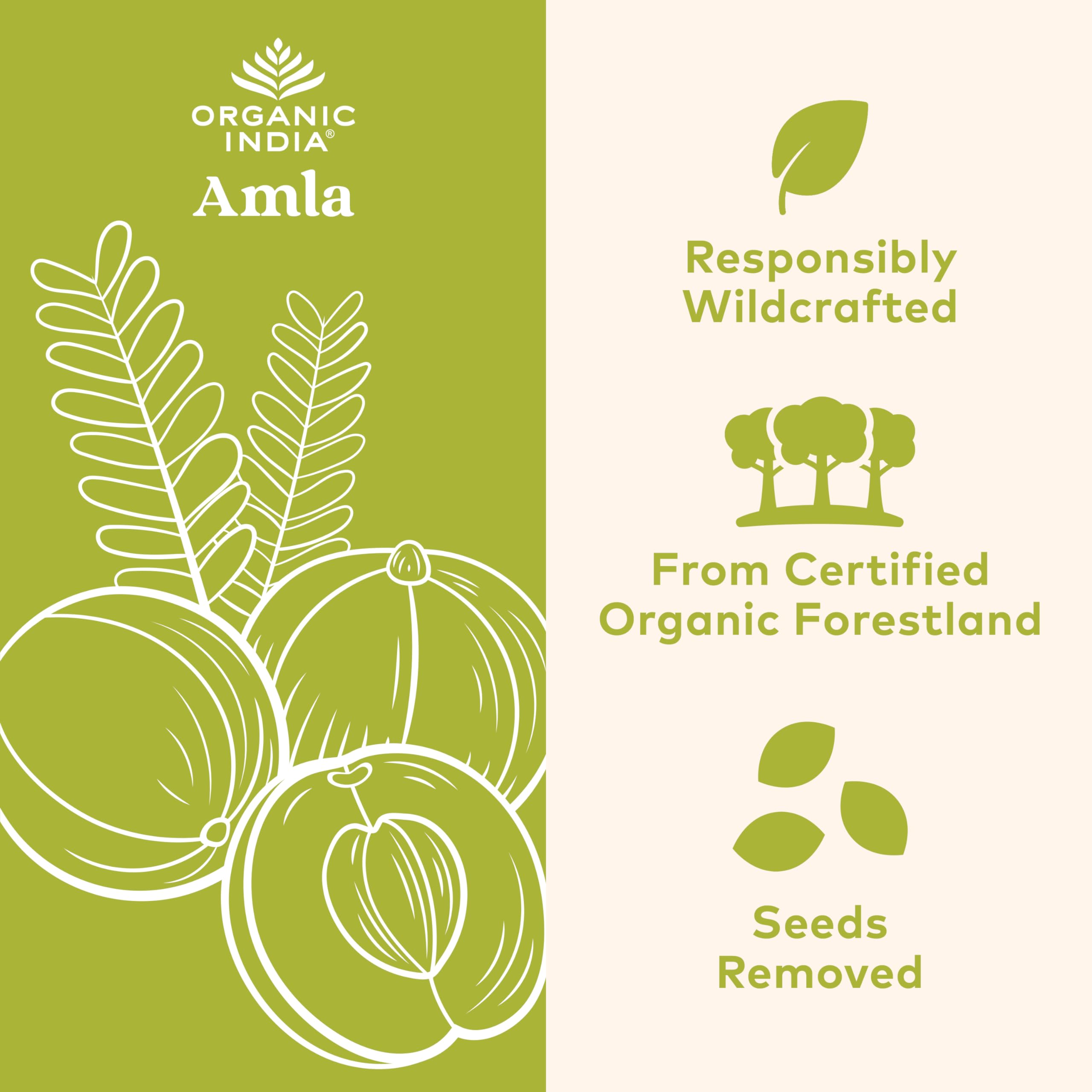 Organic India Amalaki capsules close-up for vegan, gluten-free daily supplement.