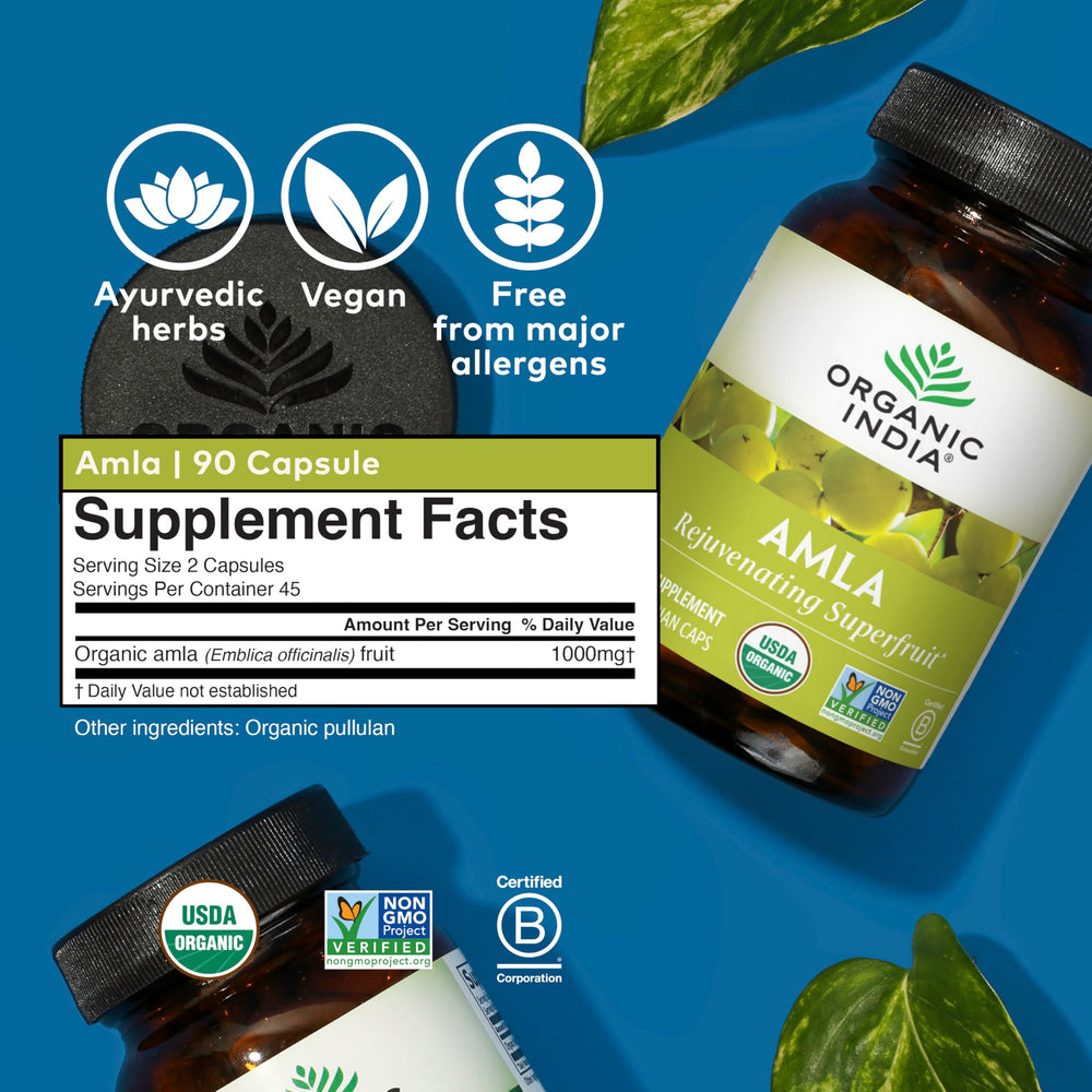 Organic India Amalaki packaging in kitchen ready for daily wellness routine.