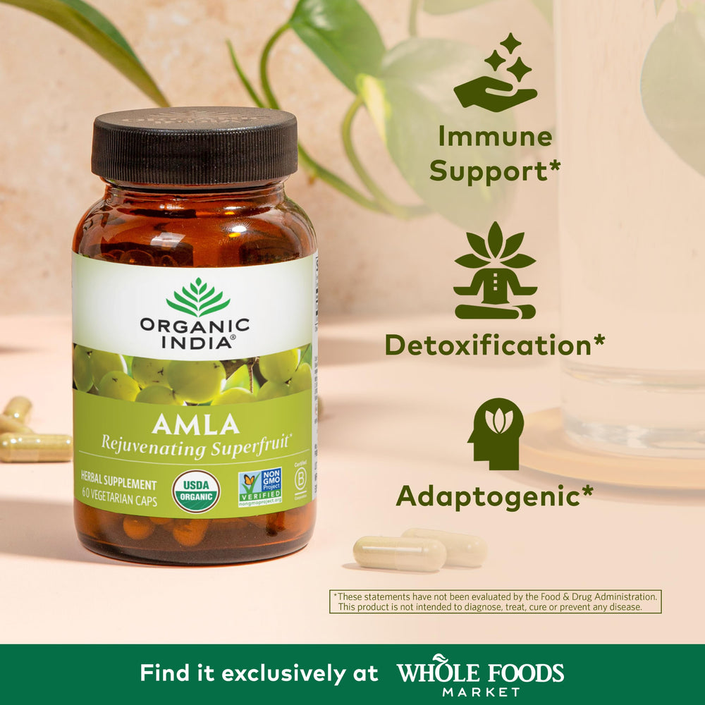 ORGANIC INDIA Amla capsules label highlights vegan, gluten-free, and Ayurvedic benefits.