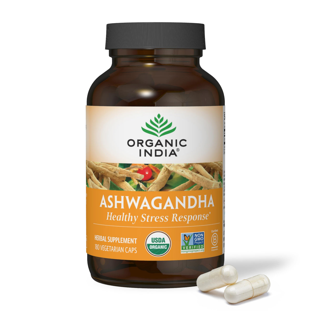 Organic India Ashwagandha capsules bottle front for stress support and daily wellness