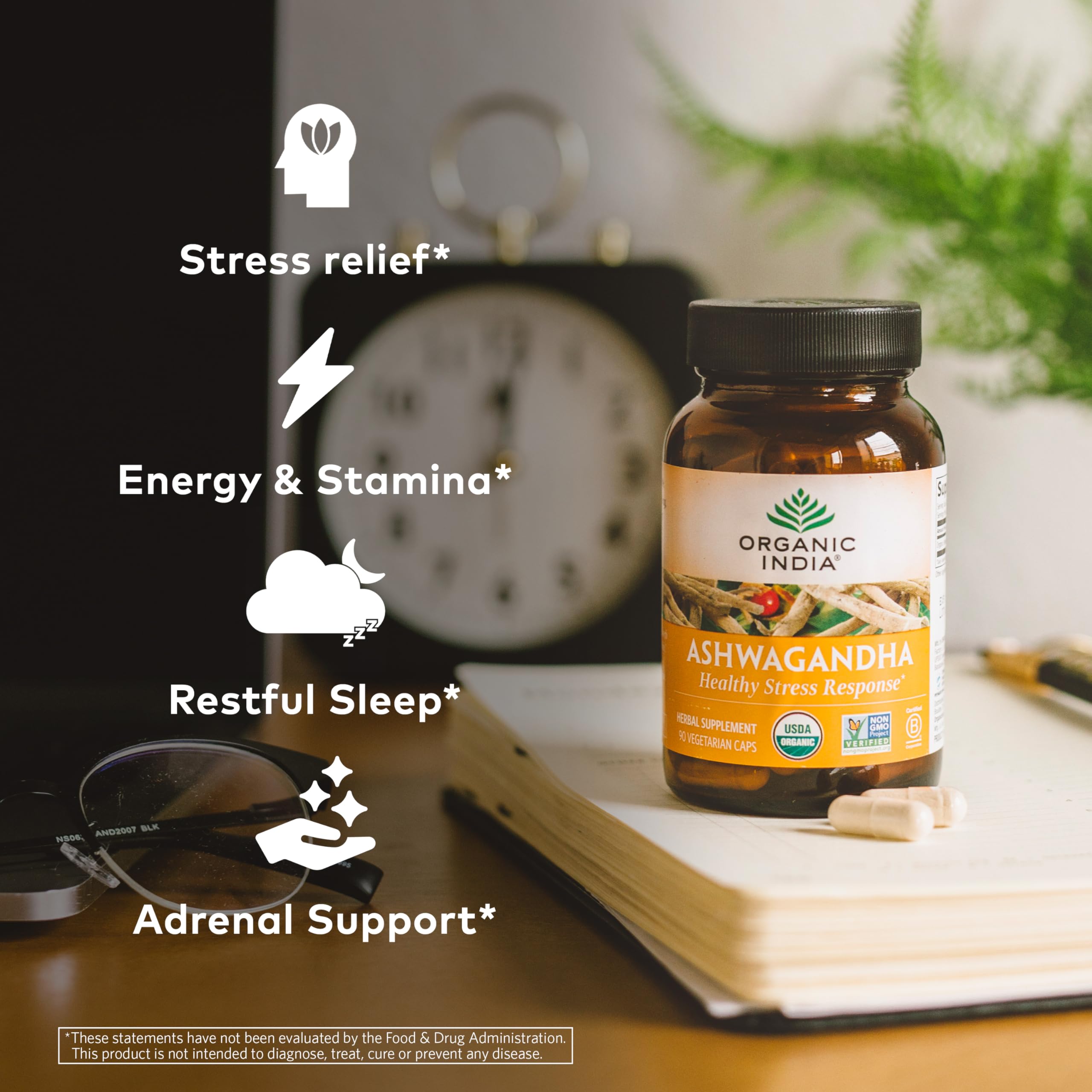 Organic India Ashwagandha capsules on daily-use setting suggest routine stamina support
