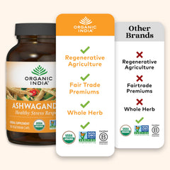 Organic India Ashwagandha capsules label closeup showing vegan formulation