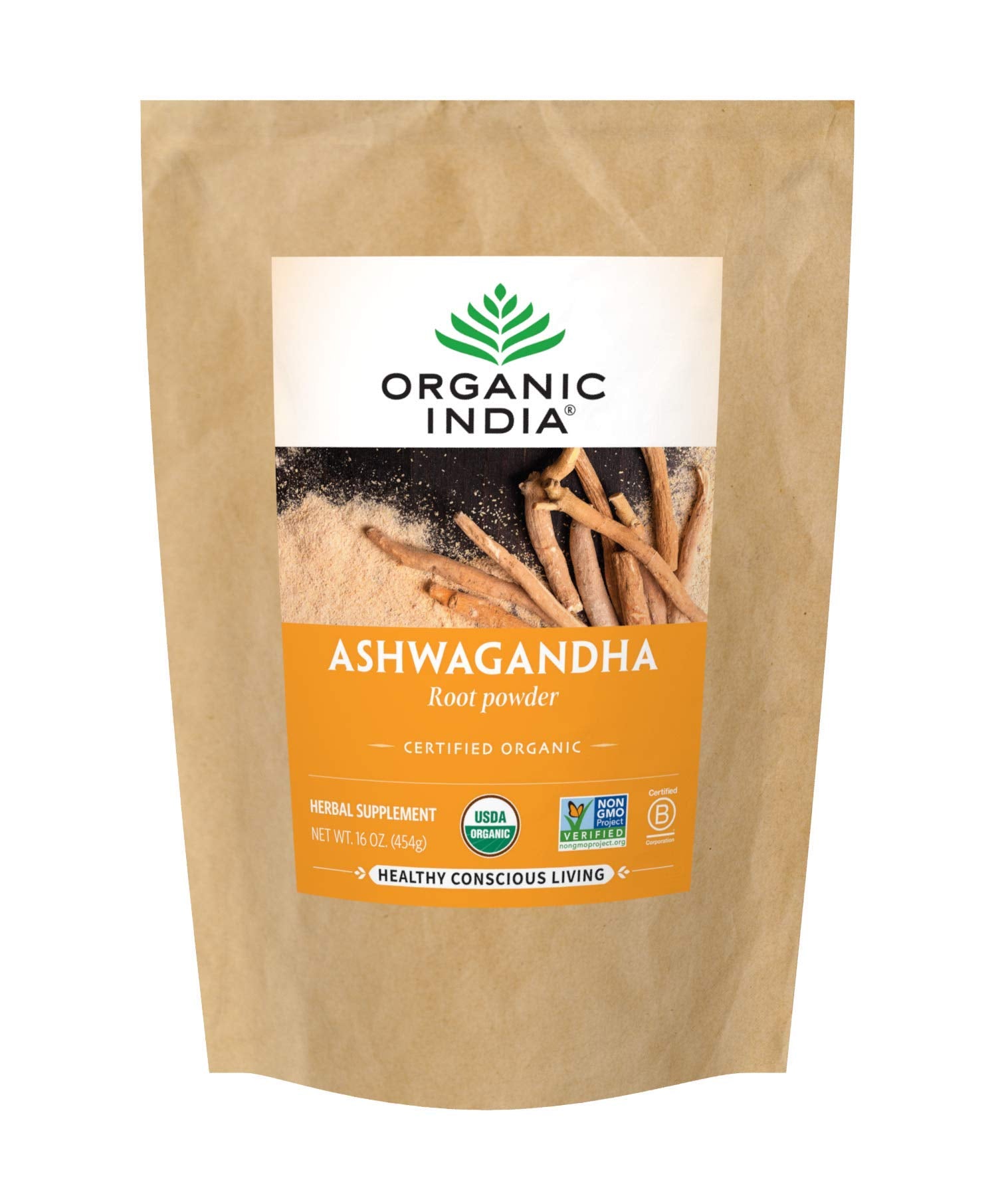 Organic India Ashwagandha powder bottle on shelf promotes natural stress resilience.