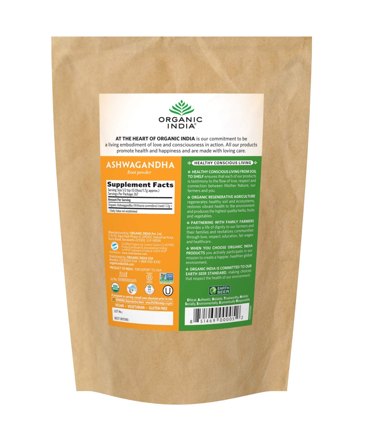 Organic India Ashwagandha powder dispensing scoop highlights convenient daily use.