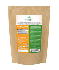 Organic India Ashwagandha powder dispensing scoop highlights convenient daily use.