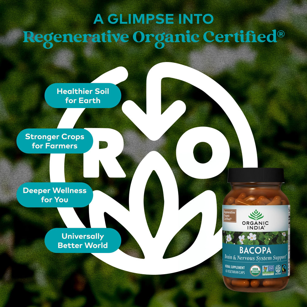 Organic India Bacopa label and packaging emphasizing organic origin