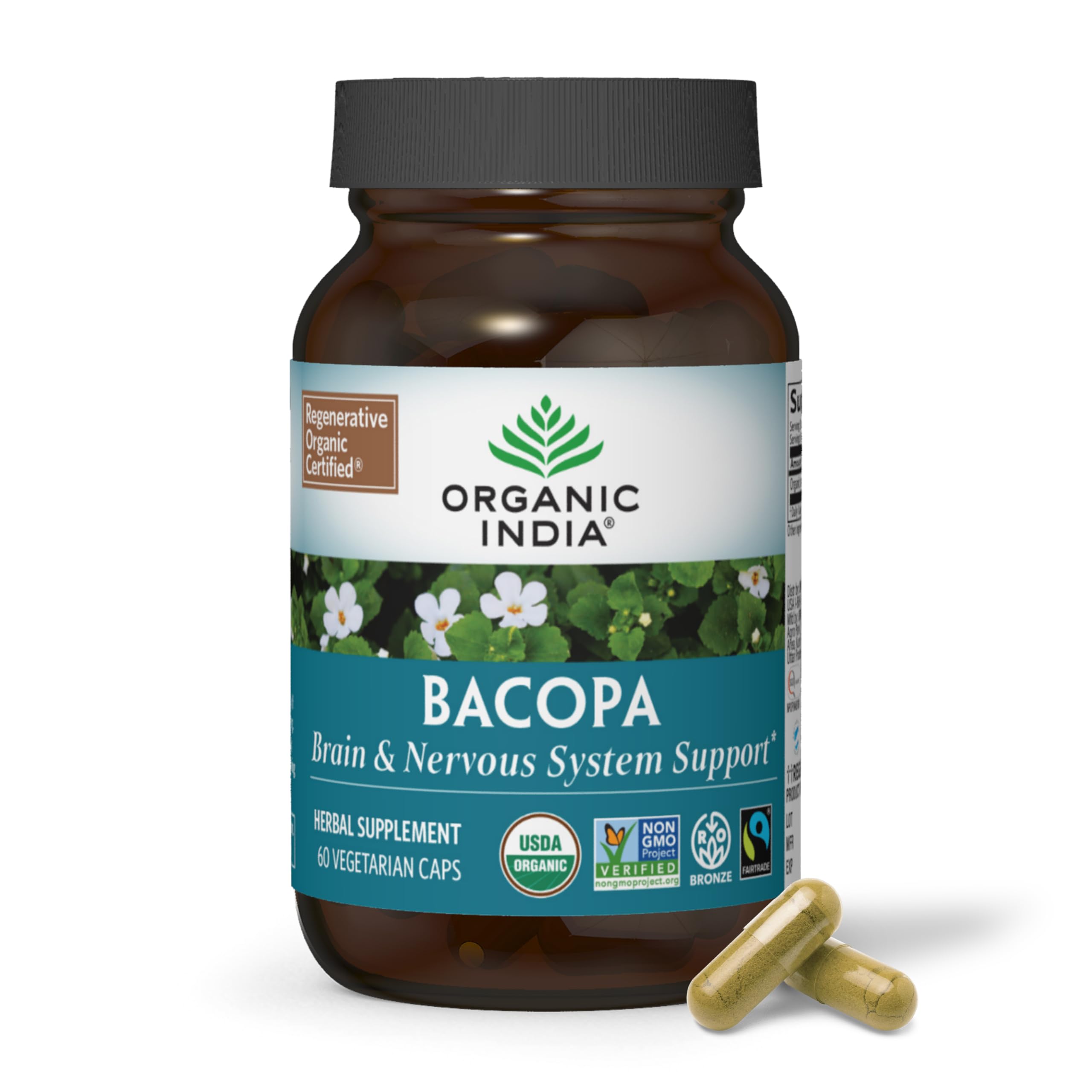 Organic India Bacopa supplement bottle showing vegan capsules for daily cognitive support