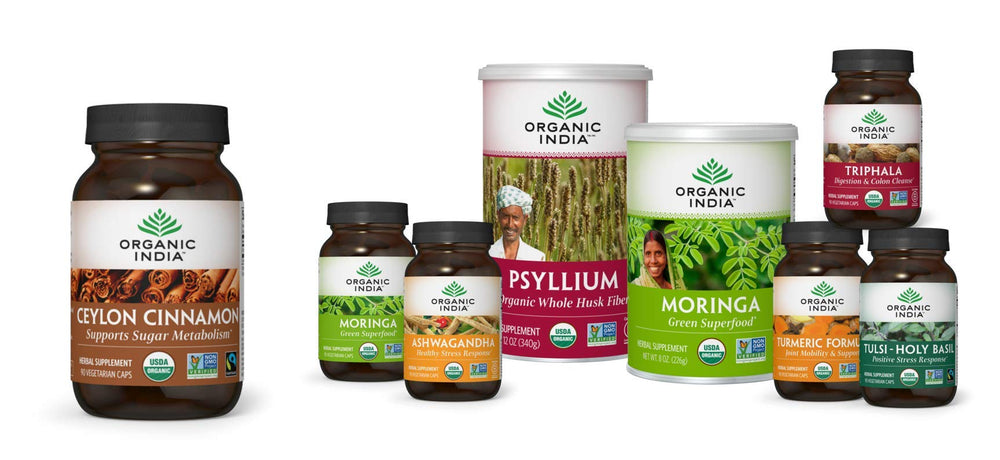ORGANIC INDIA bottle pour illustrating easy dosing