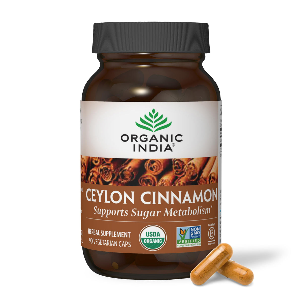 ORGANIC INDIA Ceylon Cinnamon bottle with capsules for daily wellness