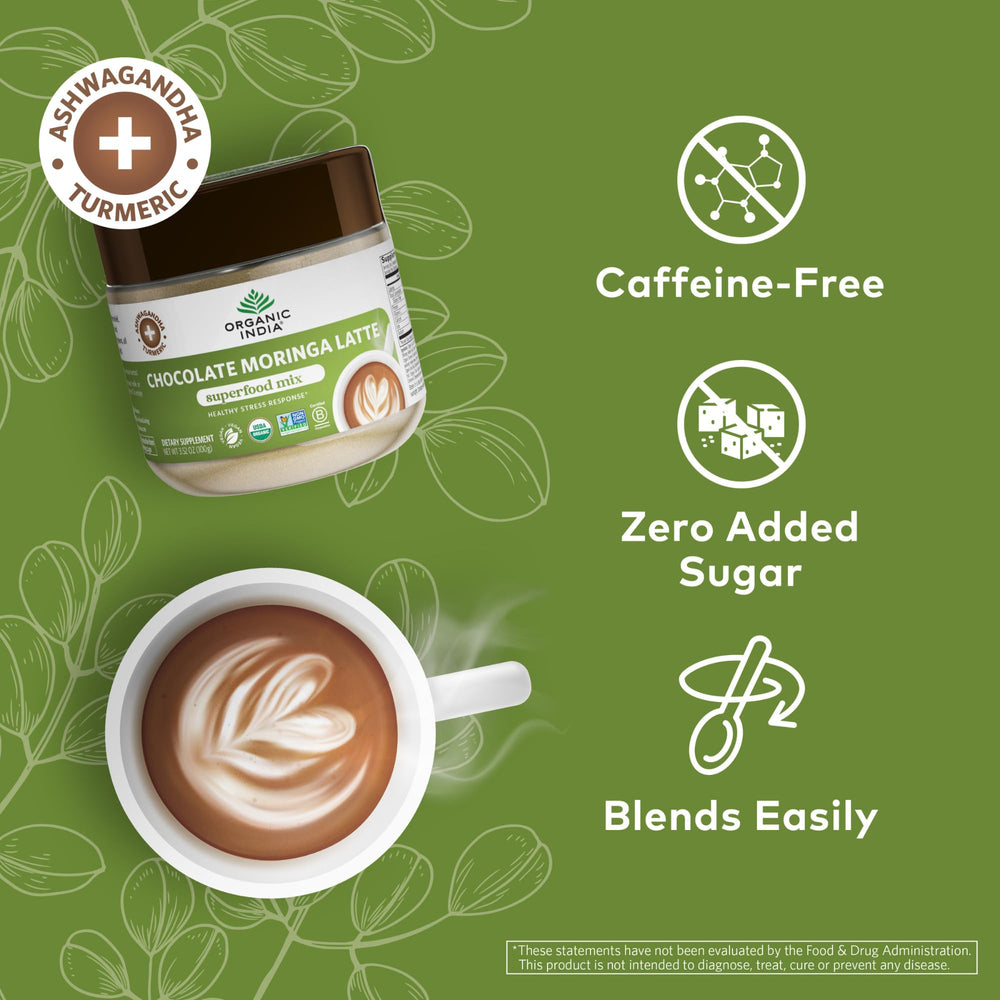 Organic India Chocolate Moringa Latte Powder mixed-in-mug yields creamy texture