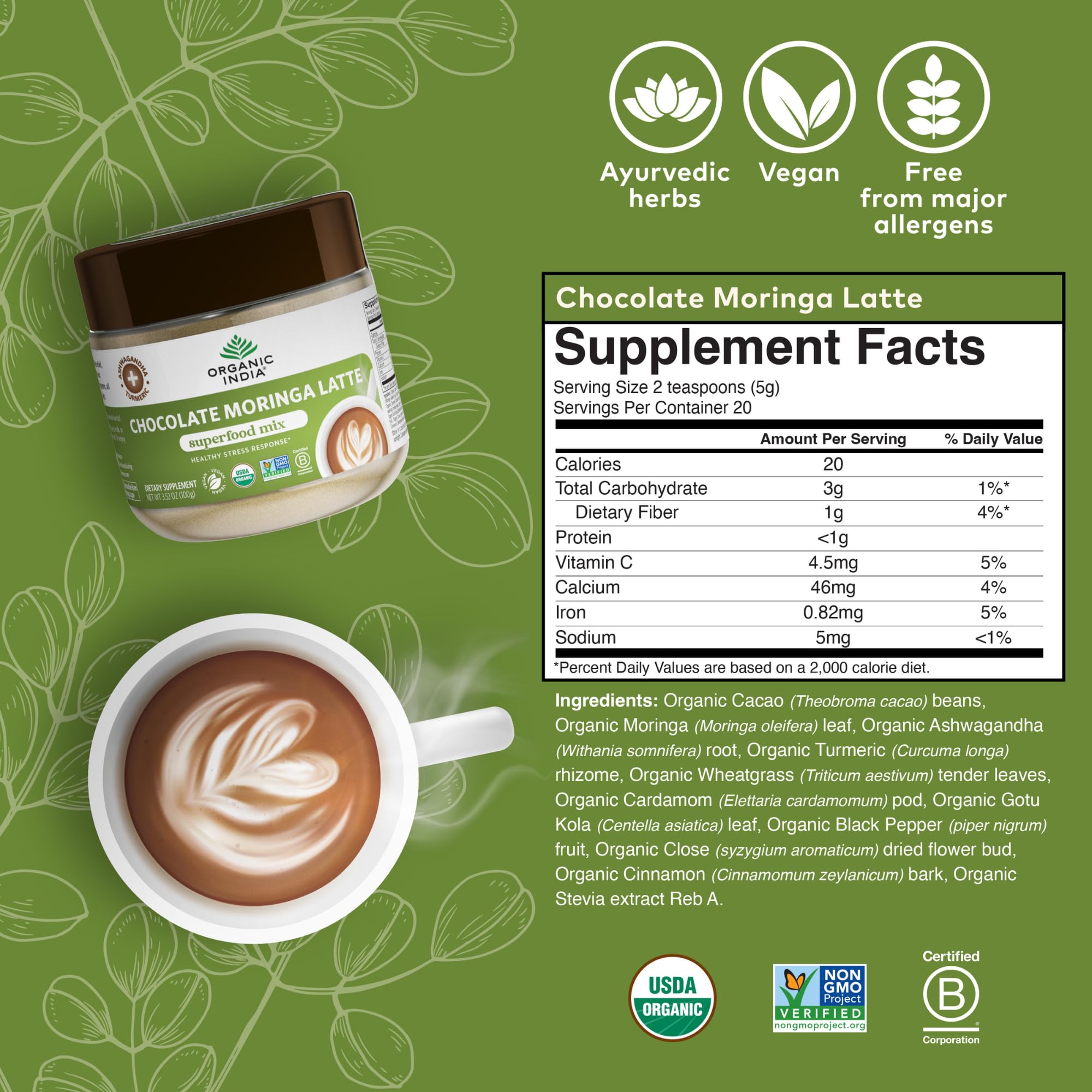 Organic India Chocolate Moringa Latte Powder no added sugar label