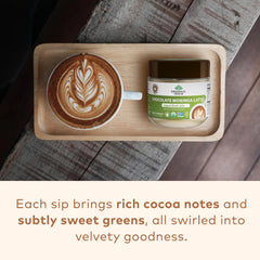 Organic India latte powder scoop-drift emphasizes easy measuring for quick mix