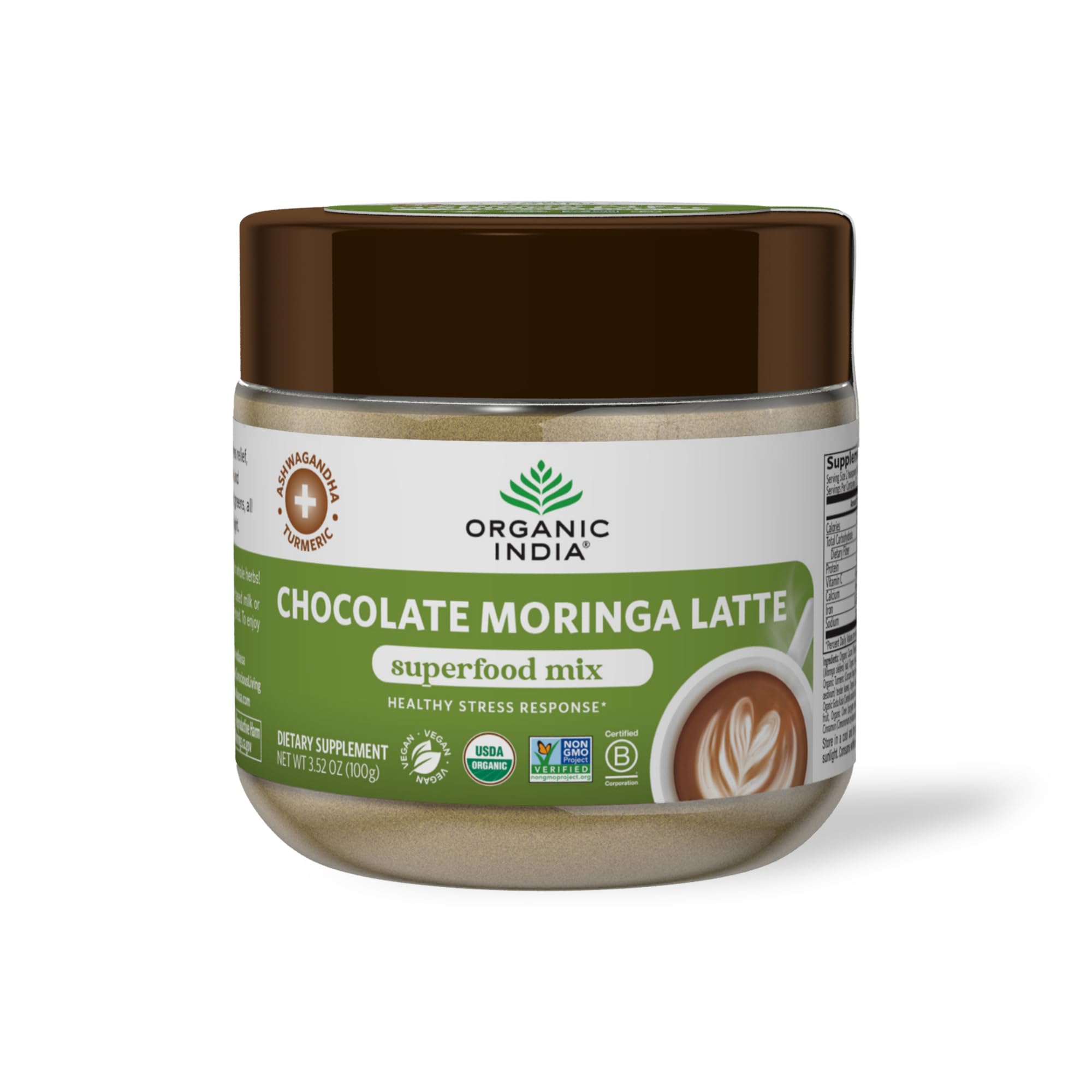 Organic India Chocolate Moringa Latte Powder tin-front shows premium packaging for daily use