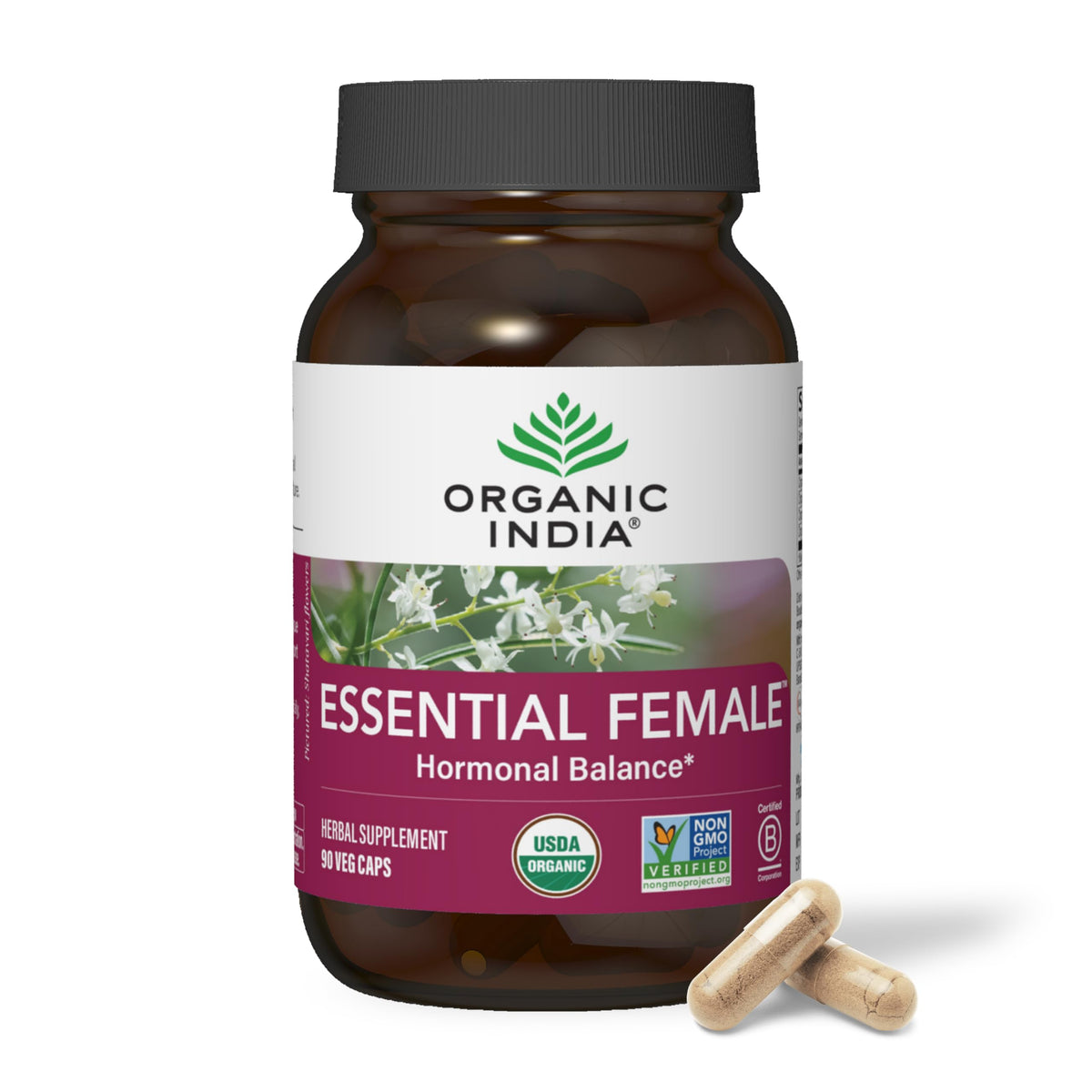 Organic India Essential Female bottle with capsules for hormonal balance support.