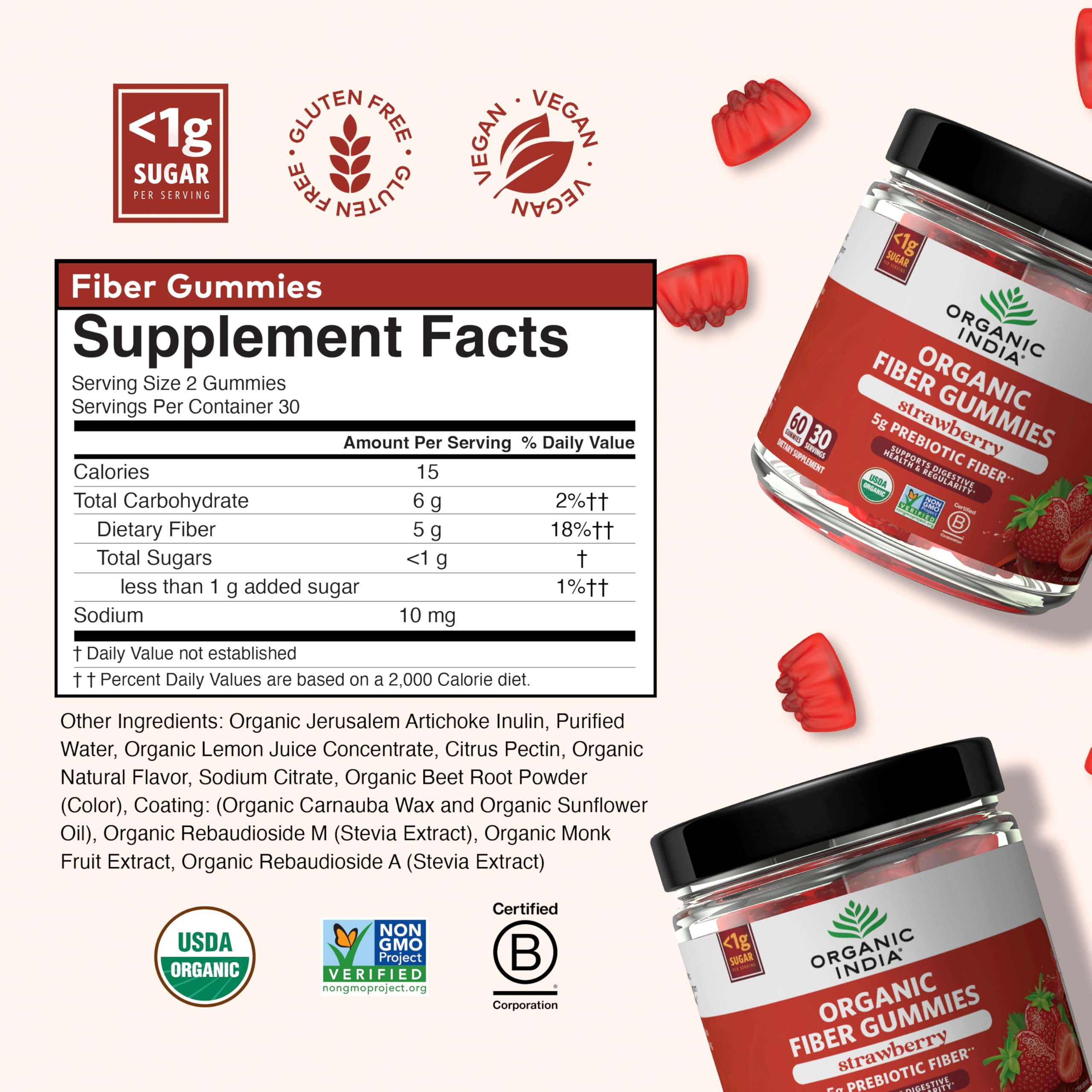 Organic India Fiber Gummies label close-up showing organic and vegan status.