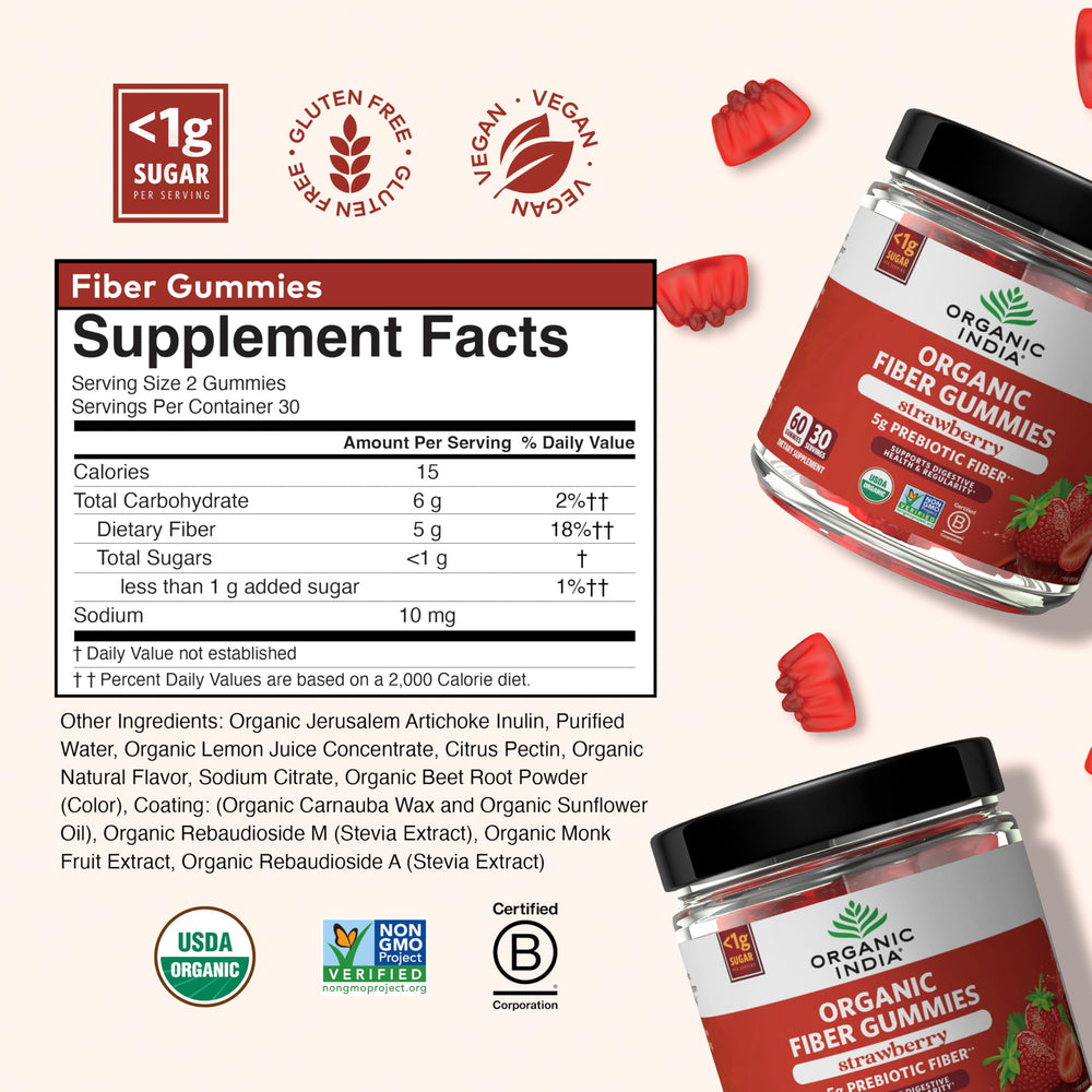 Organic India Fiber Gummies label close-up showing organic and vegan status.