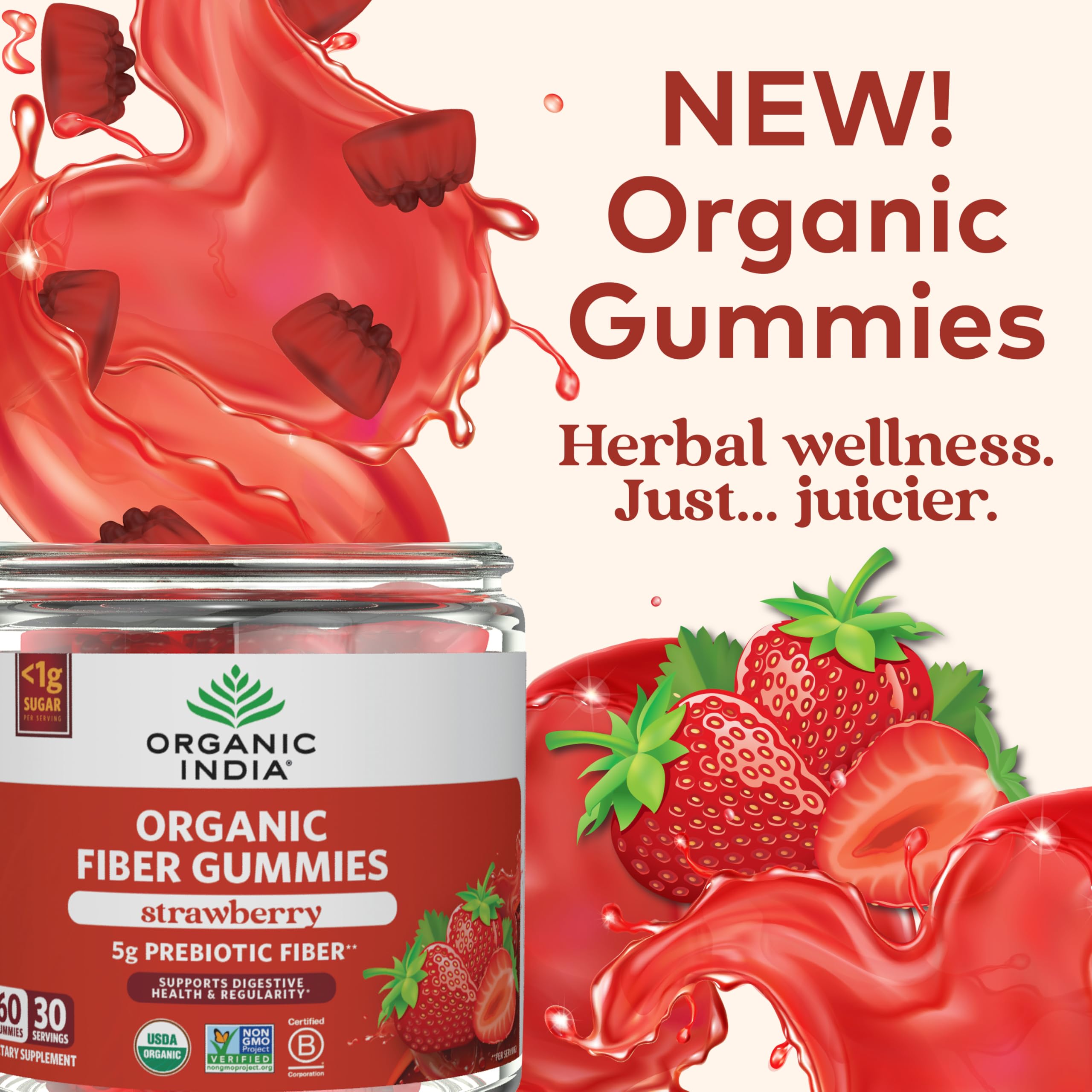Organic India Fiber Gummies on a surface ready for daily fiber intake.